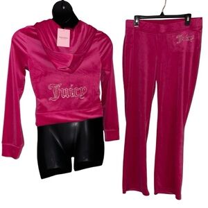 JUICY COUTURE FREE LOVE HOT PINK  RHINESTONE VELOUR ZIP UP CROPPED TRACKSUIT NWT